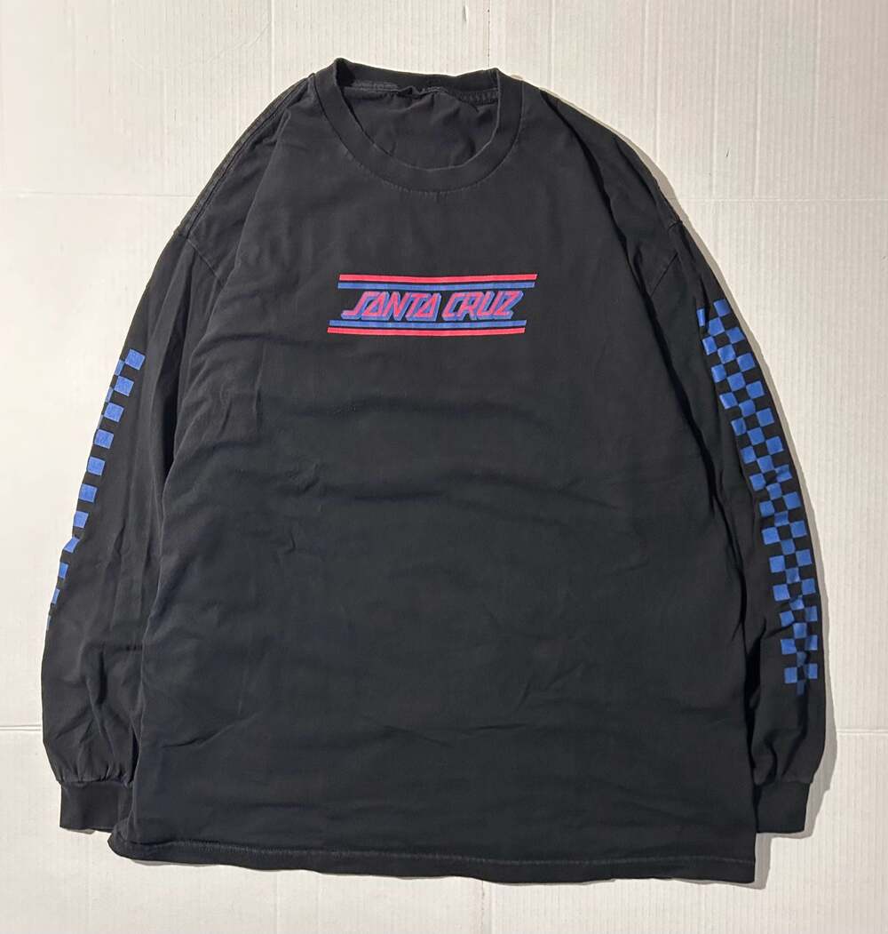 VTG 90s Santa Cruz Skateboards Black Long Sleeve XL T-Shirt Checkered Sleeve